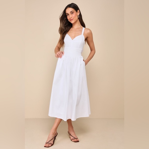 LULU’S Strolling Sicily White Pleated Backless Midi Dress With Pockets - Picture 4 of 5